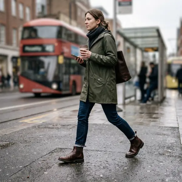 Urban commuter wearing practical footwear with a polished everyday outfit