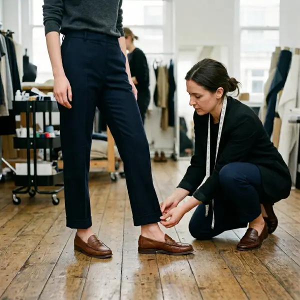 Fashion stylist checking trouser and skirt proportions with everyday shoes