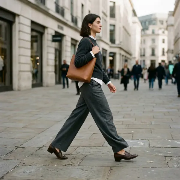 Fashion model walking in well-fitted footwear to show silhouette and movement
