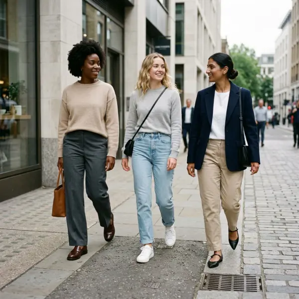 Three adults in understated outfits styled with distinctly different footwear