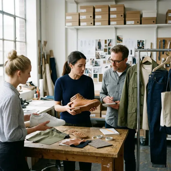 Fashion product team reviewing footwear samples with complete outfit styling