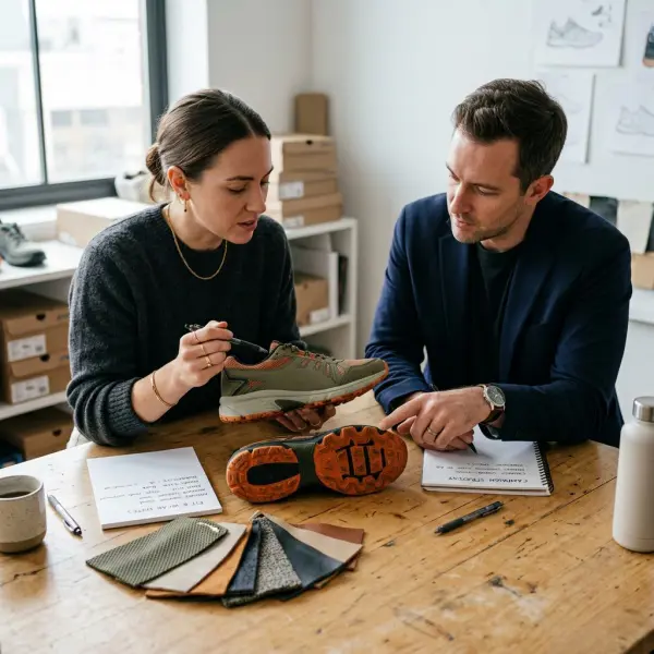 Brand team reviewing footwear construction before developing a campaign story