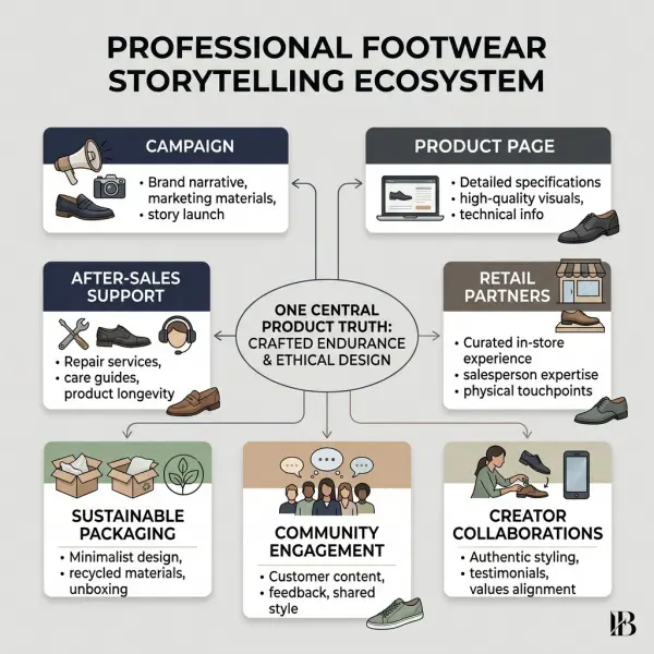 Footwear brand story mapped across campaign, product page, retail, community, and after-sales