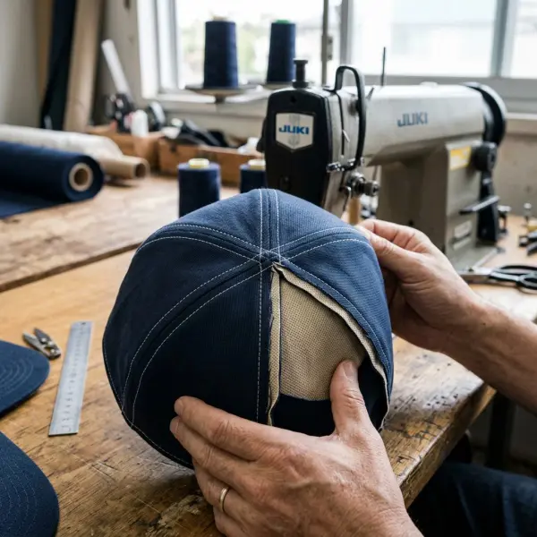 Detail konstruksi panel crown topi dengan bahan yang memiliki struktur stabil Detail konstruksi panel crown topi dengan bahan yang memiliki struktur stabil