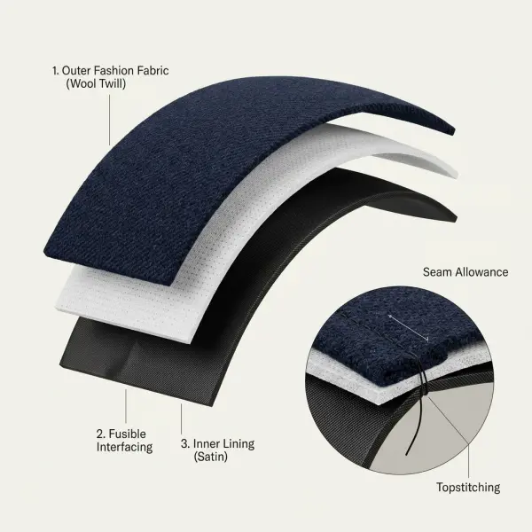 Lapisan interfacing pada panel crown topi untuk meningkatkan stabilitas bentuk