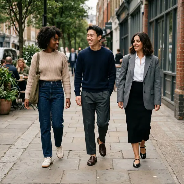 Contemporary everyday styling with slim sneakers, loafers, and flat shoes