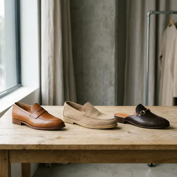 Minimalist, soft, and backless loafer silhouettes in a fashion studio