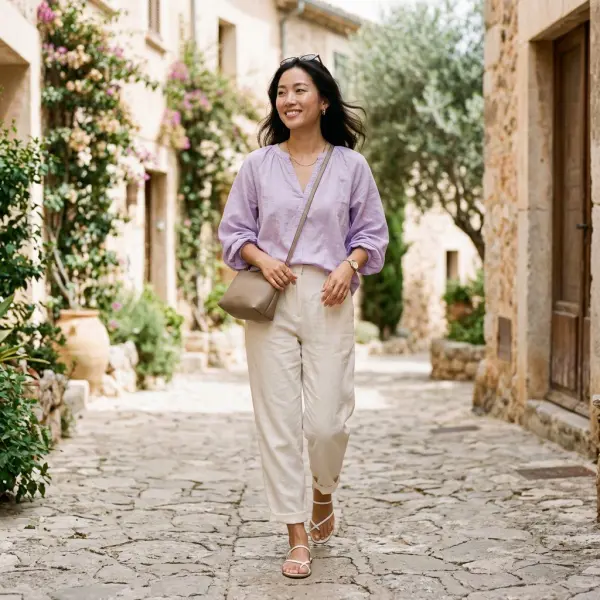 Outfit pastel dengan warna lavender dan cream untuk gaya musim panas