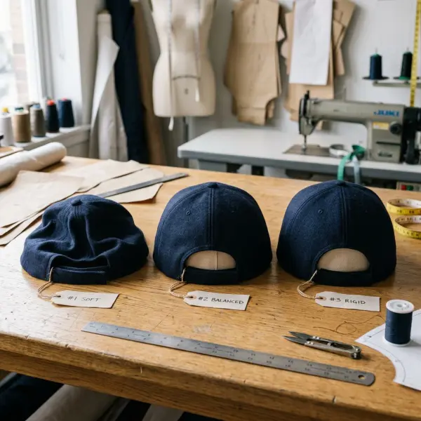 Perbandingan bentuk crown topi dengan tingkat penguatan interfacing berbeda