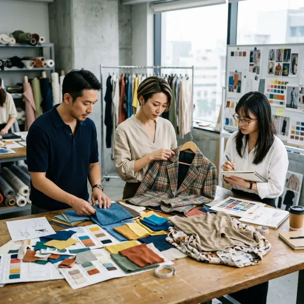 Tim fashion mengembangkan koleksi color blocking dengan sampel kain berwarna cerah