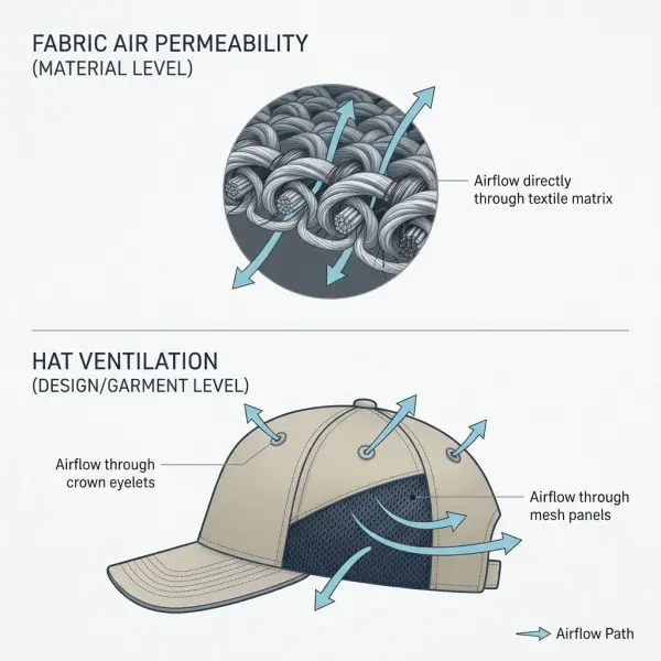 Perbandingan permeabilitas material dan ventilasi konstruksi pada topi