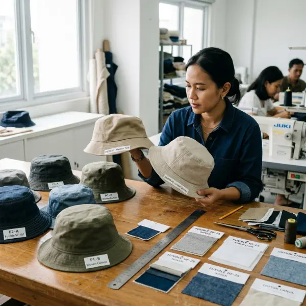 Prototype topi digunakan untuk menguji kombinasi kain dan interfacing sebelum produksi
