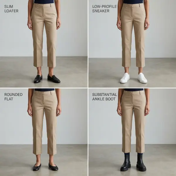 Visual comparison of how different shoe shapes affect outfit proportion
