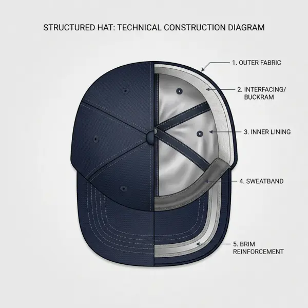 Visualisasi sistem struktur topi dari bahan luar hingga komponen penguat Visualisasi sistem struktur topi dari bahan luar hingga komponen penguat