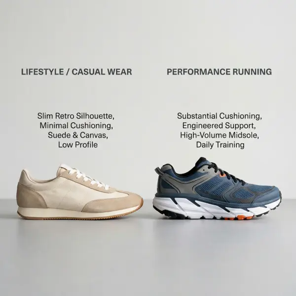 Comparison between slim lifestyle sneakers and substantial performance sneakers