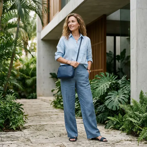 Tonal dressing dengan beberapa nuansa warna biru untuk outfit musim panas
