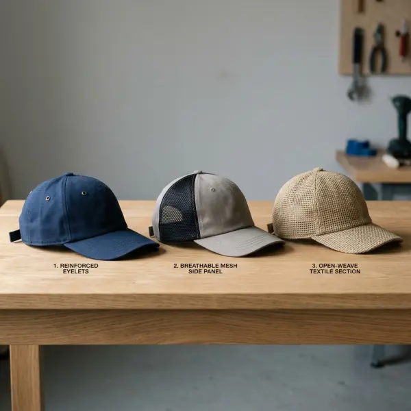 Detail ventilasi pada crown topi melalui eyelet dan panel mesh