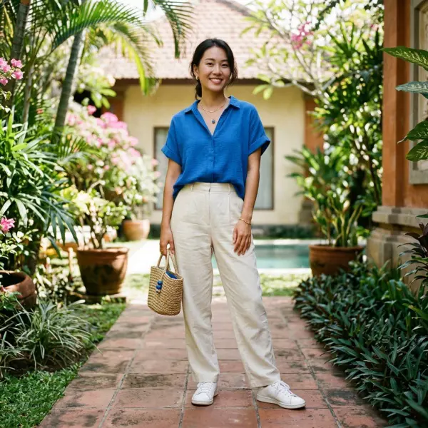 Styling outfit musim panas dengan satu warna utama dan warna netral sebagai penyeimbang