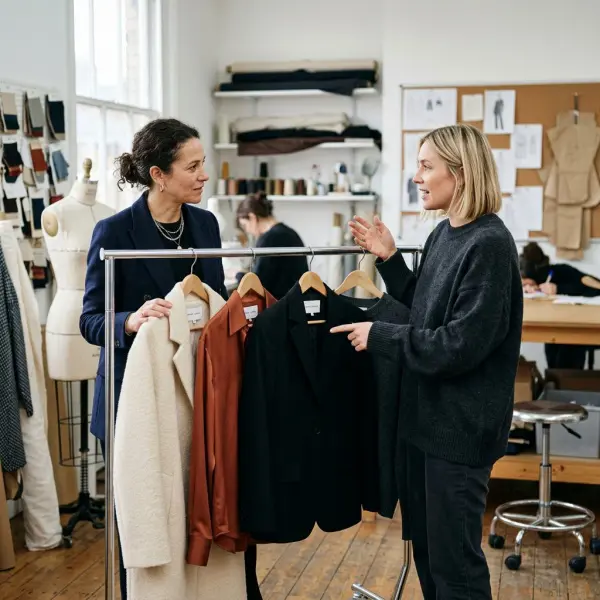 Fashion brand partners reviewing a collaborative apparel collection in a design studio