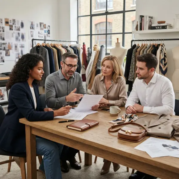 Fashion business and legal teams reviewing a brand partnership agreement with product samples Fashion business and legal teams reviewing a brand partnership agreement with product samples