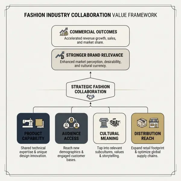Framework showing how fashion collaborations can create product, audience, distribution, and brand value