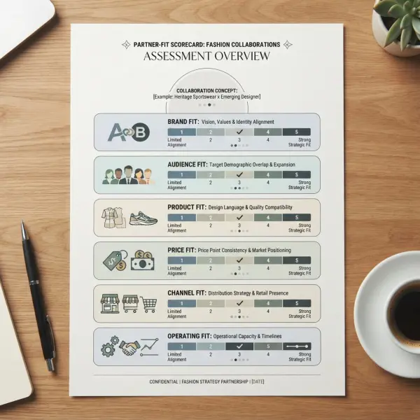 Fashion collaboration scorecard evaluating brand, audience, product, price, channel, and operational fit