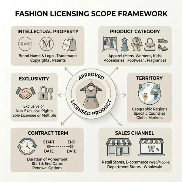 Fashion licensing scope matrix covering intellectual property, product, territory, channel, term, and exclusivity