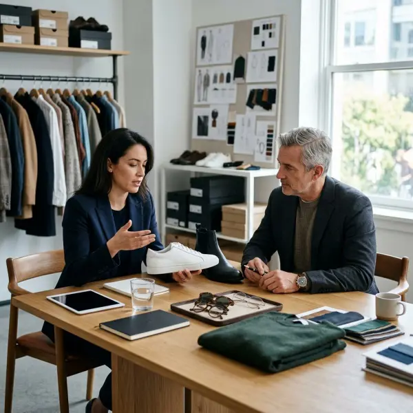 Fashion brand and licensing partner reviewing product samples for a new licensed category