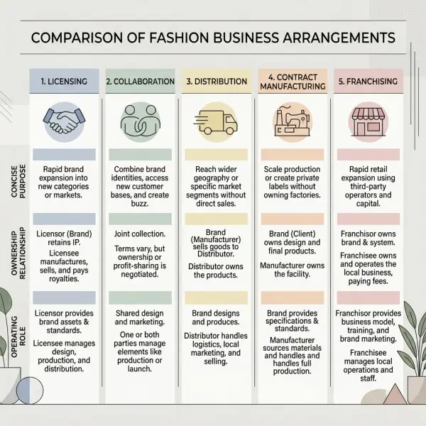 Comparison of licensing, collaboration, distribution, manufacturing, and franchising in fashion