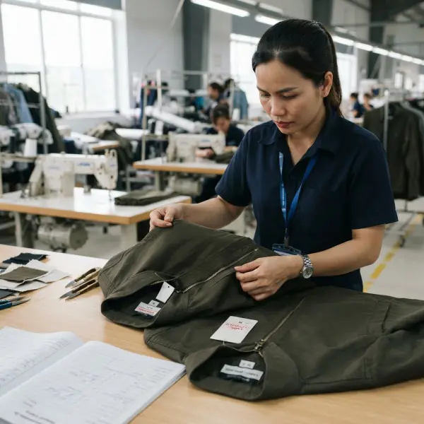 Quality control team inspecting a licensed fashion product against approved specifications Quality control team inspecting a licensed fashion product against approved specifications