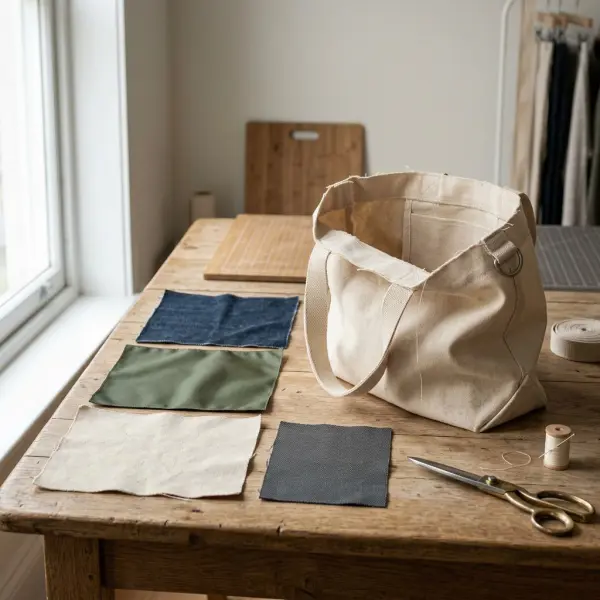 Berbagai bahan tas casual seperti kanvas dan denim di studio fashion