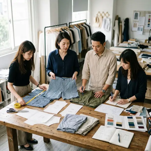 Tim fashion mengembangkan sample Bermuda short di studio produk