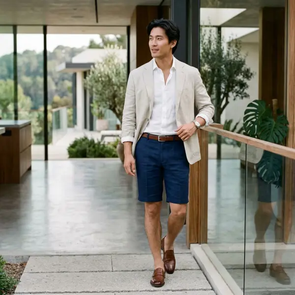 Bermuda short tailored dipadukan dengan kemeja dan blazer untuk gaya smart casual