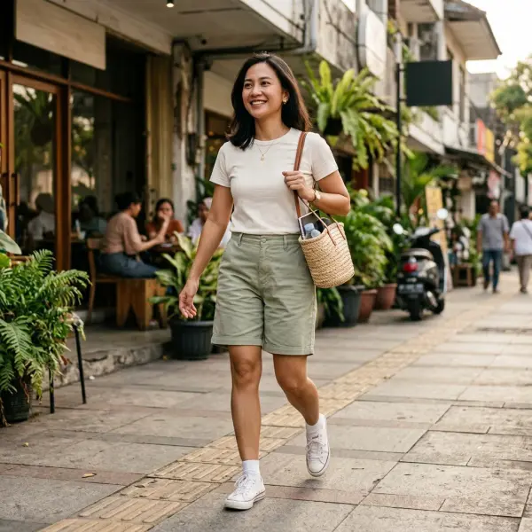 Inspirasi gaya kasual wanita dengan Bermuda short dan kaus Inspirasi gaya kasual wanita dengan Bermuda short dan kaus