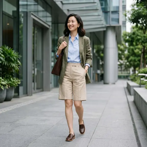 Bermuda short wanita tailored untuk gaya smart casual dengan blazer Bermuda short wanita tailored untuk gaya smart casual dengan blazer