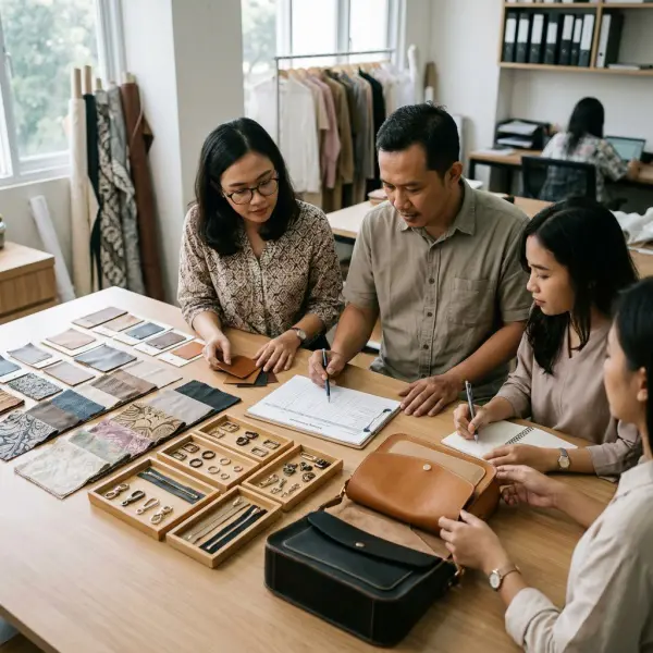 Tim fashion menghitung material dan komponen untuk pengembangan tas premium