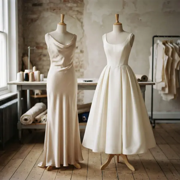 Comparison between fluid satin draping and structured satin eveningwear silhouettes
