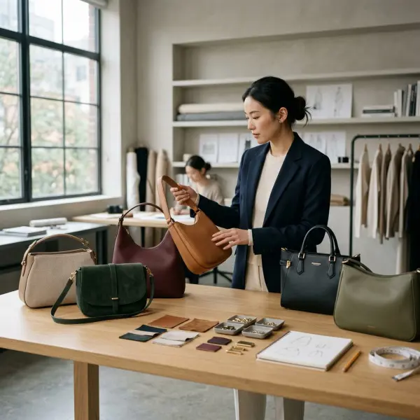 Pengembangan koleksi tas elegan di studio fashion dengan berbagai material premium