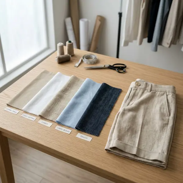 Berbagai material untuk pengembangan Bermuda short wanita di studio fashion Berbagai material untuk pengembangan Bermuda short wanita di studio fashion