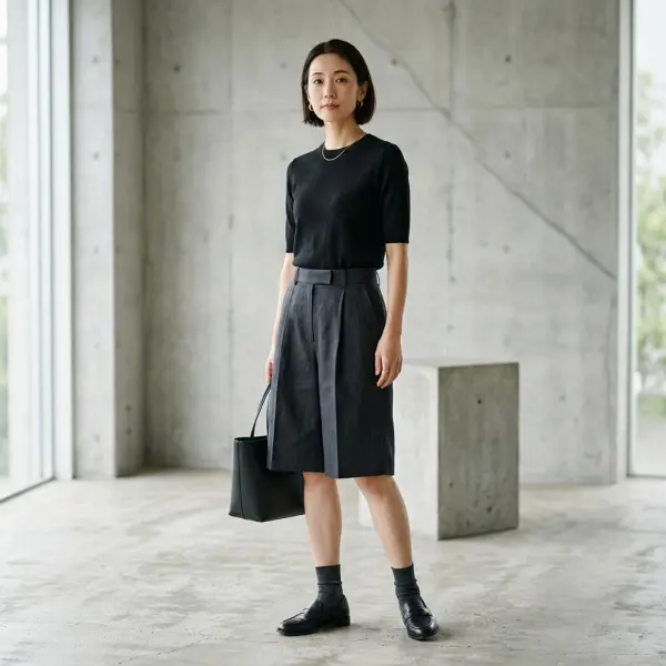 Bermuda short wide-leg wanita dipadukan dengan atasan berpotongan seimbang Bermuda short wide-leg wanita dipadukan dengan atasan berpotongan seimbang