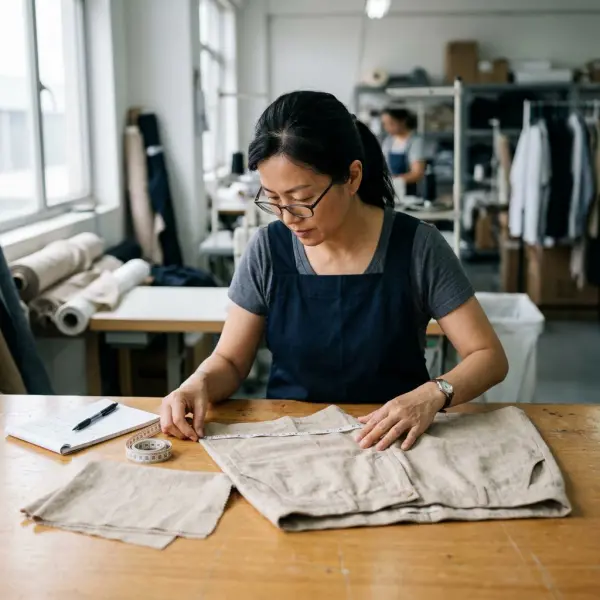 Pemeriksaan kualitas bahan untuk produksi Bermuda short di studio fashion