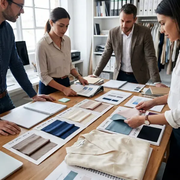 Fashion sourcing team reviewing silk and satin fabric specifications