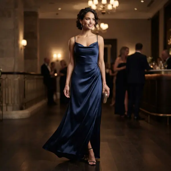 Satin evening dress showing reflective highlights and fluid movement under event lighting