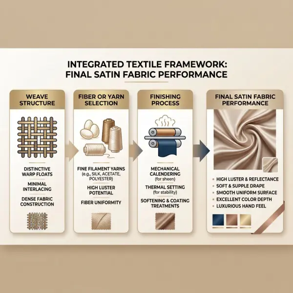 Framework showing how satin weave, fiber, and finish shape final fabric performance