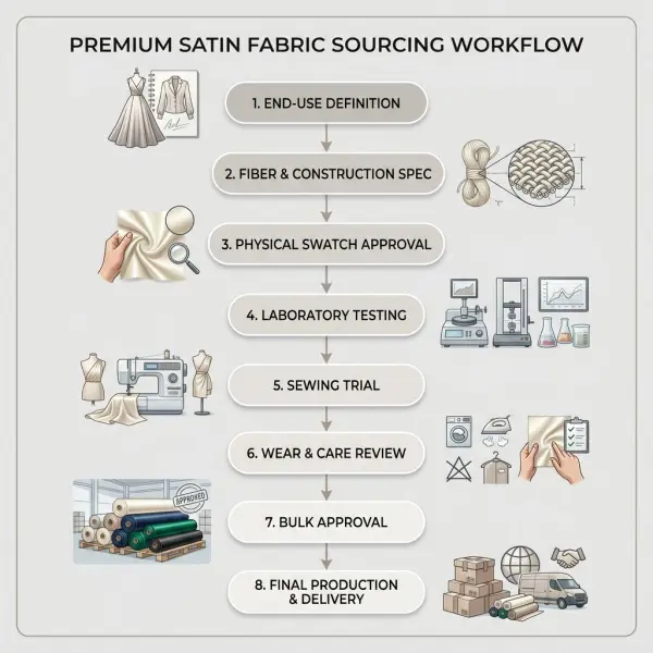 Workflow for sourcing, testing, and approving satin fabric for fashion production