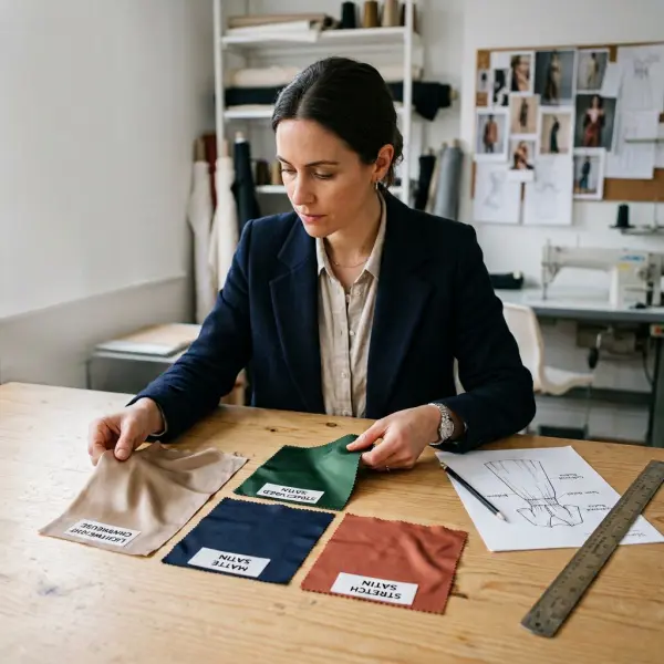 Fashion designer evaluating different satin fabrics for dresses and apparel