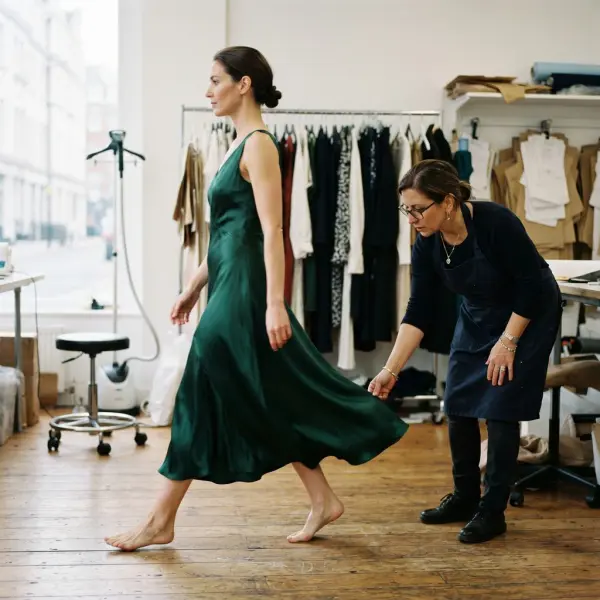 Fit team testing a satin occasion dress for sitting, walking, and movement