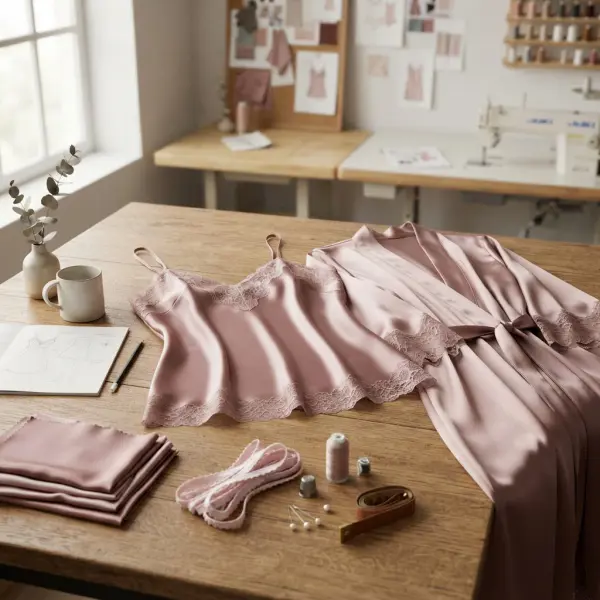 Satin lingerie and sleepwear samples being evaluated for softness, drape, and construction
