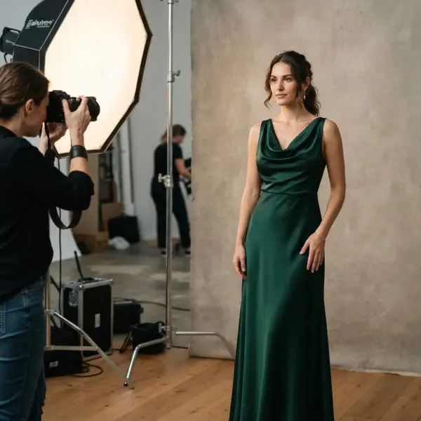 Satin occasion dress photographed under multiple realistic lighting conditions
