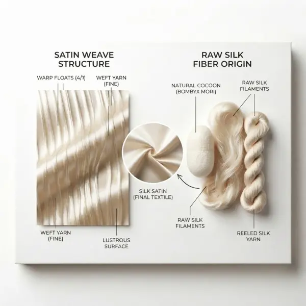 Comparison explaining satin as a weave structure and silk as a natural fiber